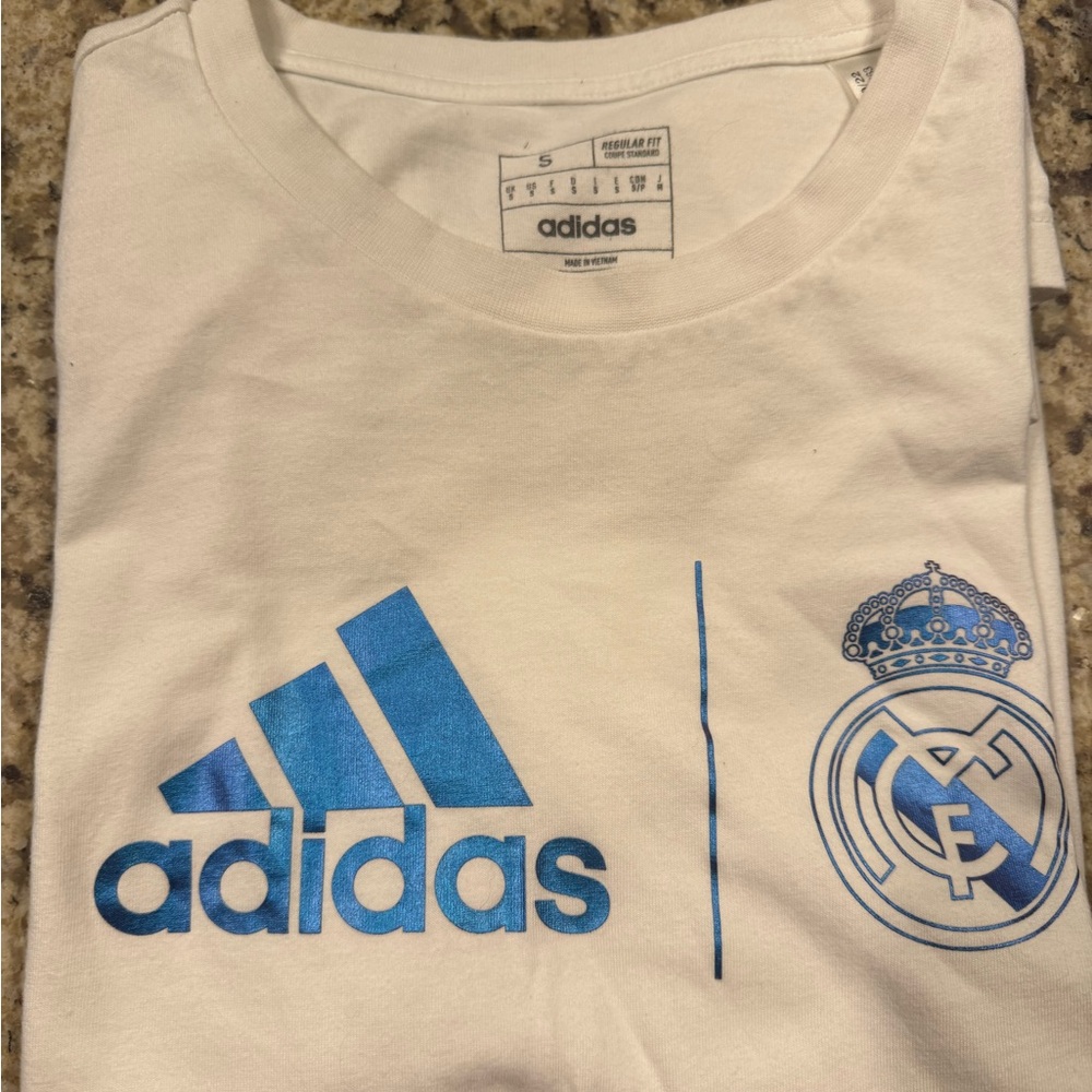 Adidas White Tee with Blue Logo